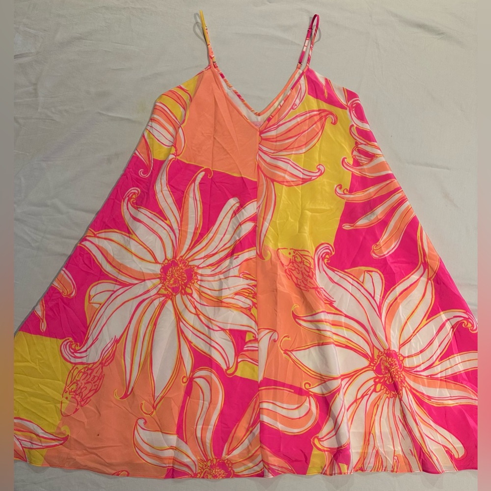 Lilly Pulitzer Tropical Floral Fish Barefoot Dusk Spaghetti Swing Silk Dress